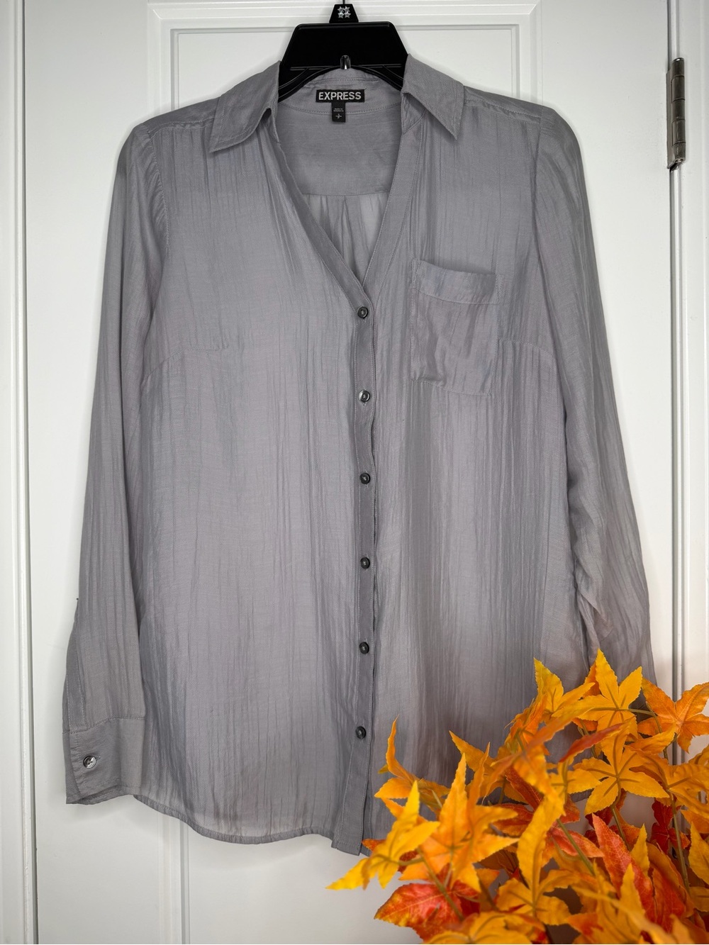 Express Gray Semi-Sheer Button Front Shirt